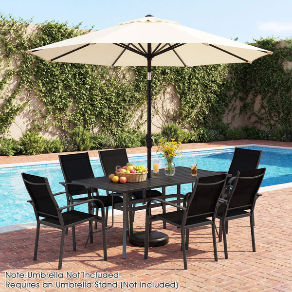 Spacious 63" x 33" tabletop comfortably seats up to 6 people<br>Built-in umbrella hole provides convenient shade support outdoors<br>Dual umbrella hole sizes fit most standard patio umbrellas (not included)<br>Bottom fixing hole keeps umbrella pole stable