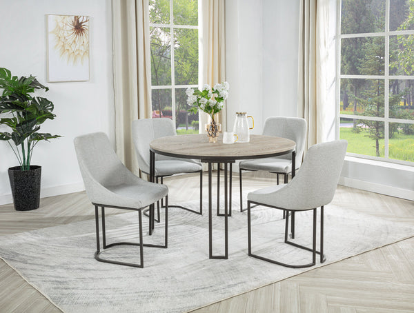 Bring style and comfort to your dining space with this chic and modern set. The round tabletop features a beautiful woodgrain finish, adding warmth and character to any room. Supported by a sturdy metal frame with a sleek, open design, it blends durabilit