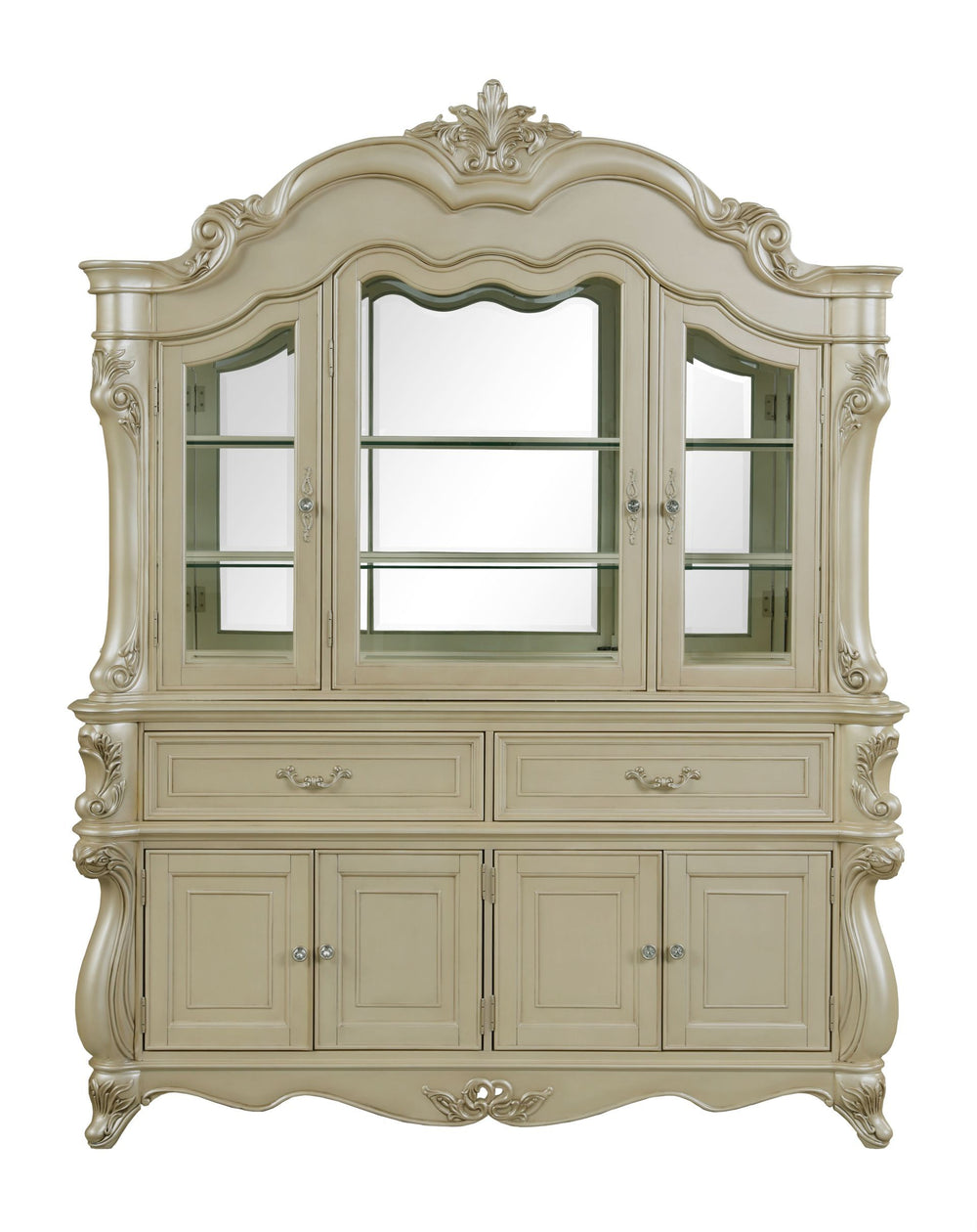 Designed to be used with the matching Buffet , the Monique China Hutch in Champagne combines timeless elegance with heirloom-quality construction. Crafted from poplar solids and birch veneers, this piece is built to last, ensuring strength and durability.
