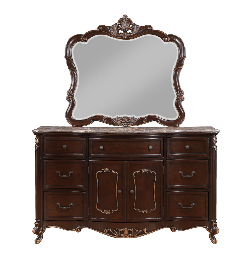 The Constantine Mirror by Royal Classics is a stunning addition to any room, blending timeless elegance with heirloom quality. Finished in rich Cherry, this mirror is crafted from a blend of Solid Pine and Fancy Face Birch Veneers, ensuring lasting beauty