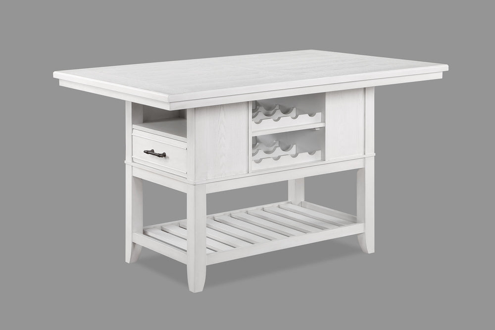 Bring a fresh look to your dining space with this breezy counter height group. The table has an array of design features, including drawers, bottle storage, and an open bottom shelf. Ladderback chairs and bench are upholstered in a Chevron pattern fabric 