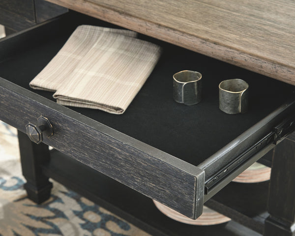  provide a sturdy foundation. A timeworn planked oak top creates a unique two-tone contrast