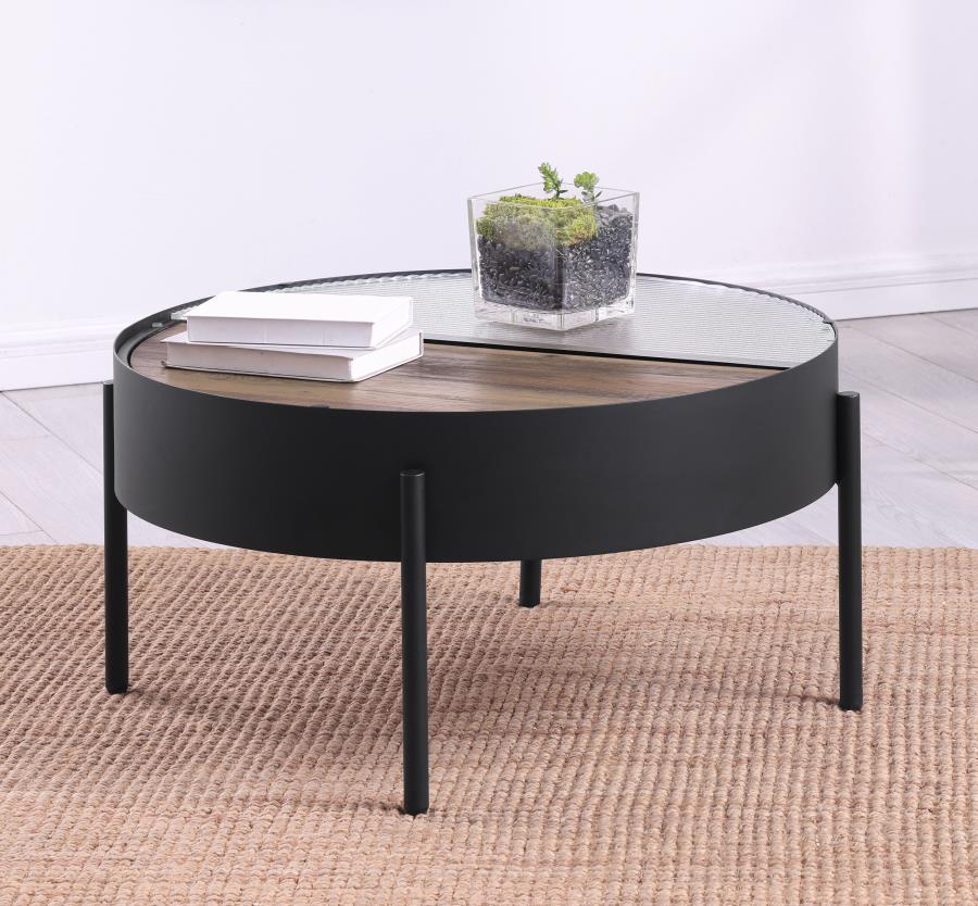 This sleek coffee table merges modern function with a minimalist aesthetic. Half of its circular center table top showcases tempered reeded glass, while the other half features a sliding wood surface crafted from engineered wood and scratch-resistant and 