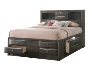  exuding a rich gray finish that enhances its robust and stately form. At the heart of the ensemble is a captain-'s bed graced with an innovatively designed headboard