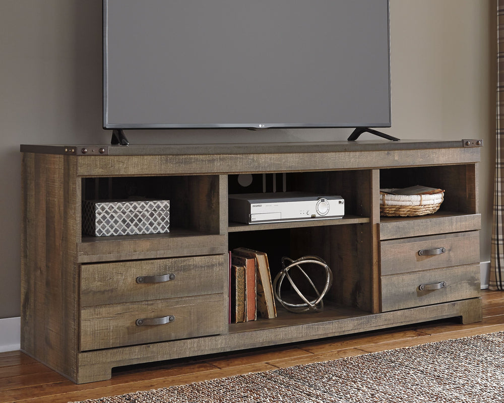 Entertain a rugged yet refined sense of style with this 4-piece entertainment center. Rustic finish and plank-style details pay homage to reclaimed barn wood, while metal banding with nailhead accents infuses a touch of industrial cool. Ultra clean lines 