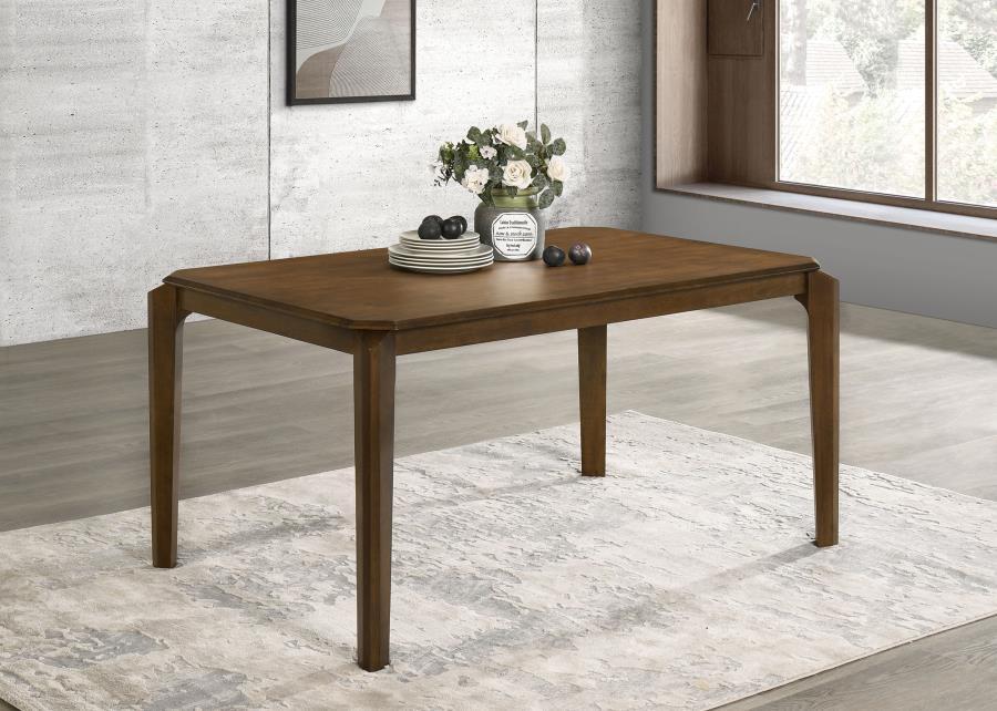 Center your stylish dining room on the angular silhouette of a modern rectangular dining table. Perfect for family gatherings and daily meals, it boasts a dark brown wood finish over Asian hardwood, delivering excellent style and durability. The rectangul