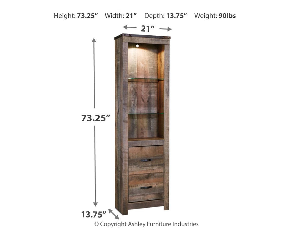 Entertain a rugged yet refined sense of style with this entertainment center pier. Its rustic finish and plank-style details pay homage to reclaimed barn wood, while metal banding with nailhead accents infuses a touch of industrial cool. Ultra-clean lines