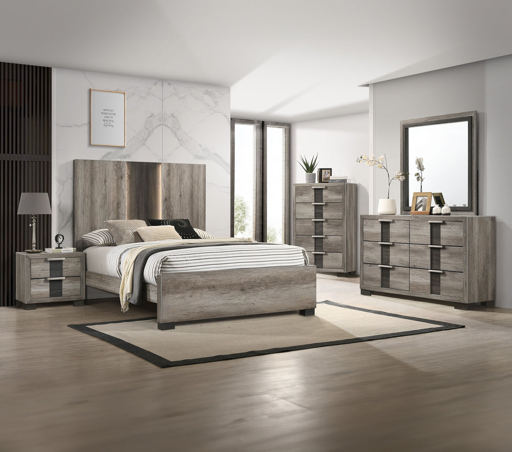 This bedroom set encapsulates modern minimalism, rendered in a soothing, natural wood finish that brings an organic, airy feel to any bedroom. The clean-lined bed boasts a broad headboard that stands as a subtle statement piece with integrated lighting. A