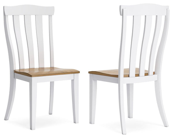 Casual style with substance. This dining side chair-'s two-tone finish of classic white and butcher block oak veneer adds a relaxed vibe to a delicious design. The curved shape of its bent slat-back frame offers a sense of modern farmhouse style, while th