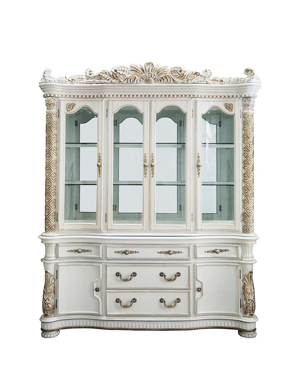 Commanding attention in any space, the impressive design of the Vendom double pedestal dining table will impress everyone. Adorned with classic elements including scrolls, curved shapes, and leaf molding accents to create an old-world charm. The antique p