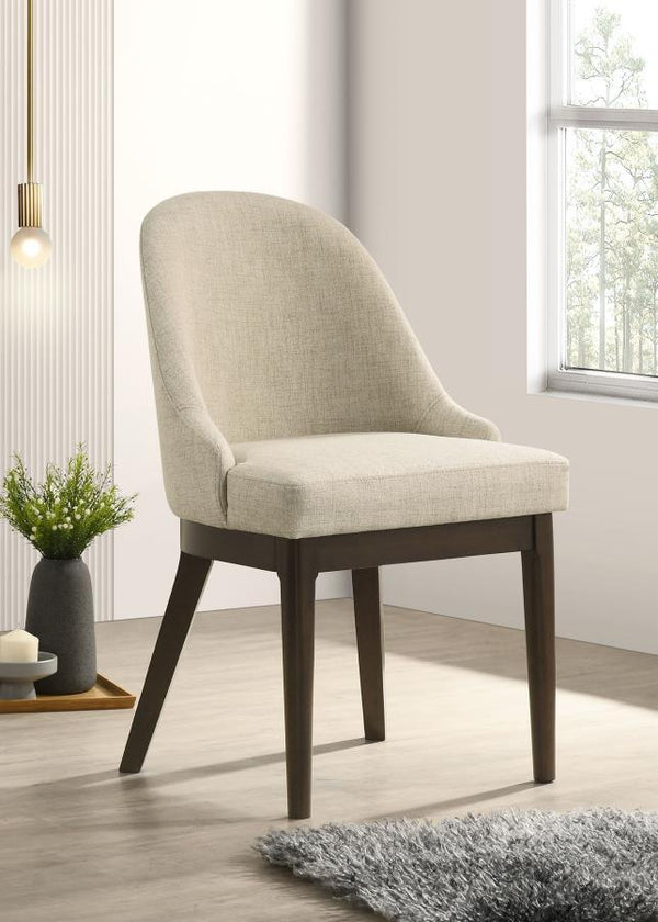  featuring beige fabric upholstery for a cozy and refined touch. The curved backrest and generously padded seat ensure exceptional comfort. Built with a durable Asian hardwood frame in a 