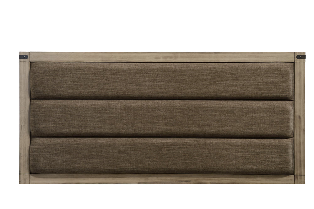 This modern bedroom collection features a clean-lined design with a stylish weathered gray finish. Sturdy and practical, each piece is equipped with ample storage and smooth metal hardware. The bed-'s bold headboard is a standout element, making it the fo
