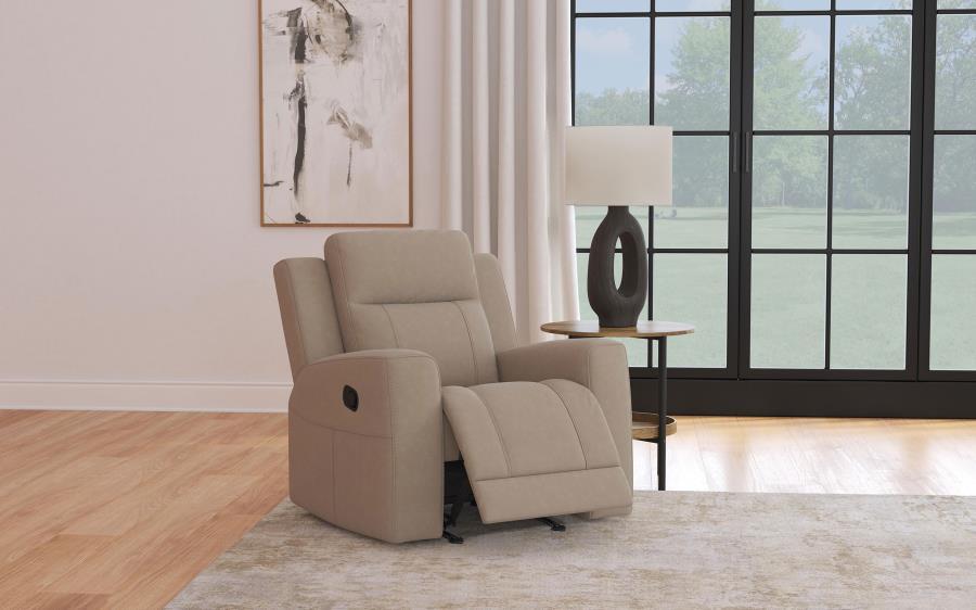 Kick back in luxurious indulgence with a modern rocker recliner. Expertly designed for a sleek, refined look that blends in contemporary living spaces, the recliner features matte suede-like upholstery in a neutral hue. Its clean lines and track arms blen