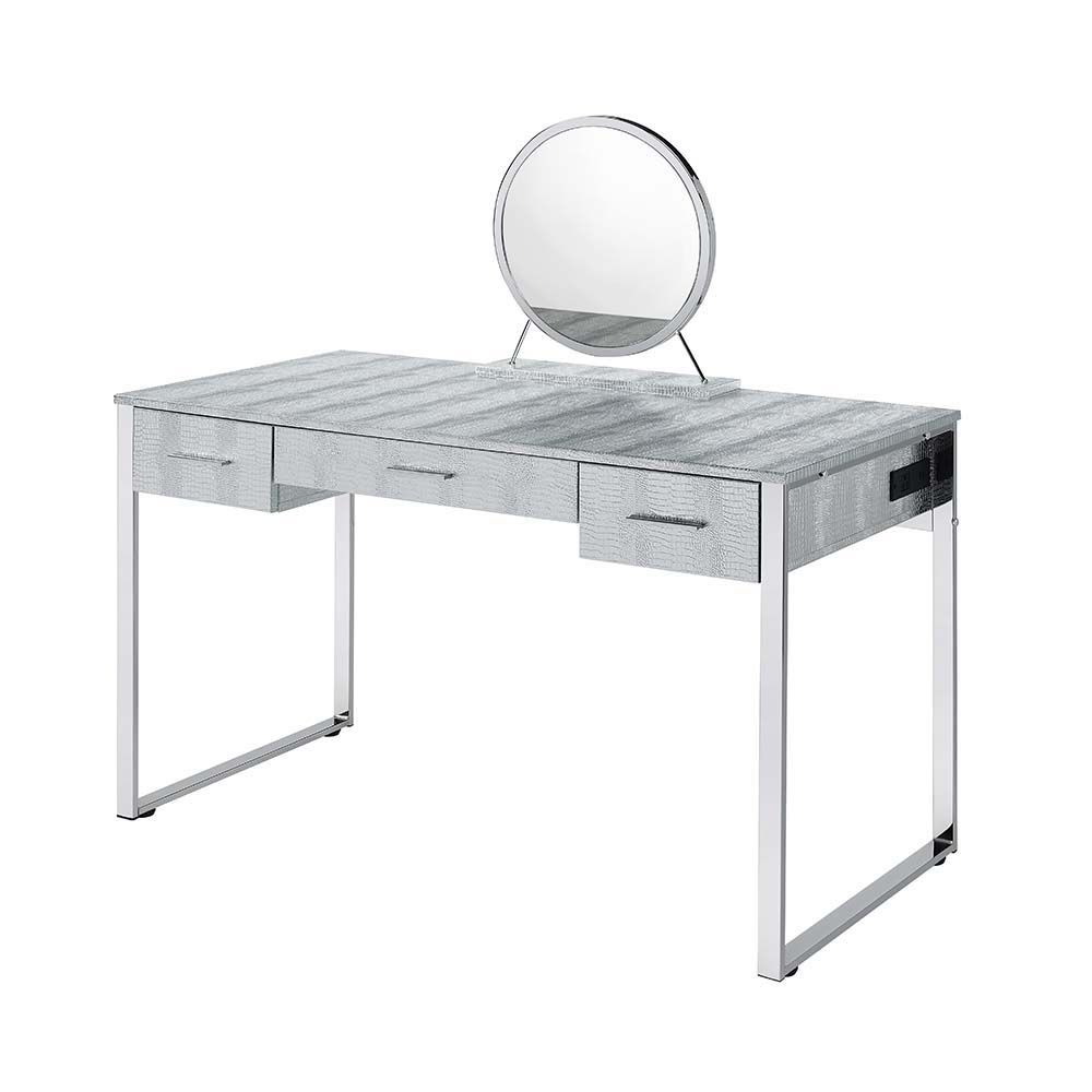 Make getting ready for a night out on the town fun with the Van chrome vanity set. From the beautifully faux crock textured case to the sturdy shiny chrome base make this a statement piece. The three ample drawers have enough room for beauty tools and sup