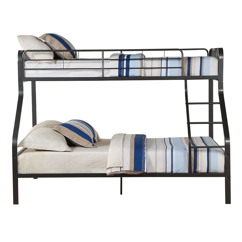 This space-saving Caius twin over queen metal bunk bed meets all your needs and expectations. Features easy access guardrails, right facing built-in ladder and a metal tube support slat system. Accommodating a XL Twin and Queen mattress, this sturdy bunk 