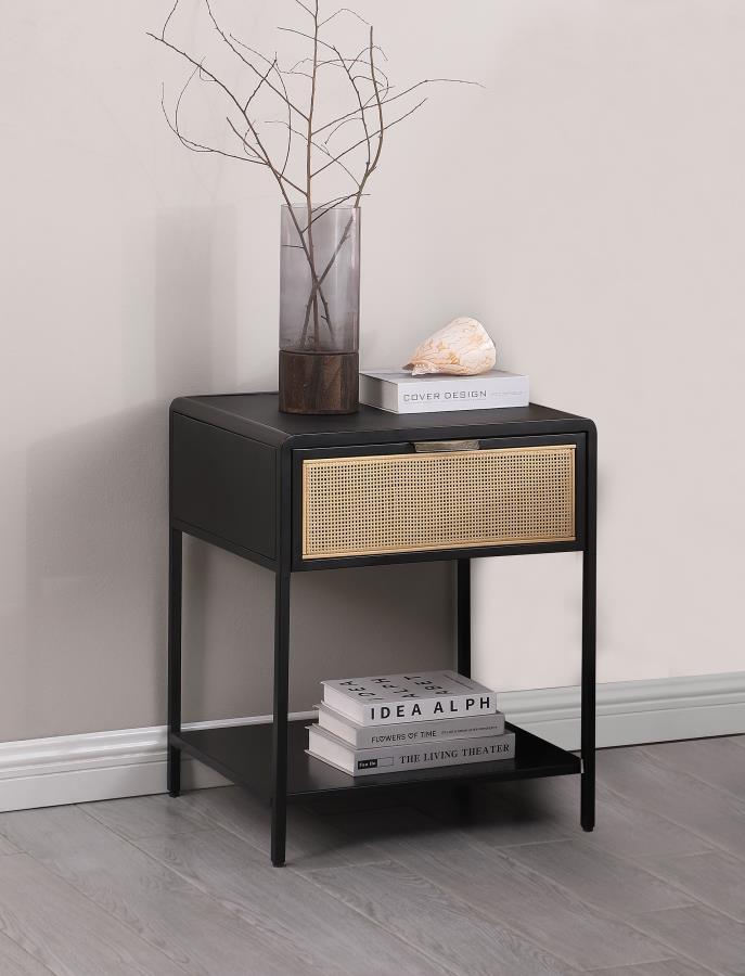 This sleek and versatile side table combines modern design with functional elegance, making it perfect for any living space or as a stylish bedside table. Crafted with a sturdy steel frame and engineered wood with a durable laminate top, it features a pow