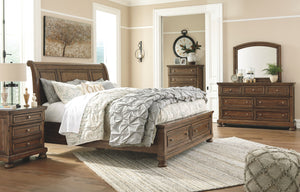 Flynnter - Medium Brown - 6 Pc. - Dresser, Mirror, King Sleigh Bed with 2 Storage Drawers, Nightstand