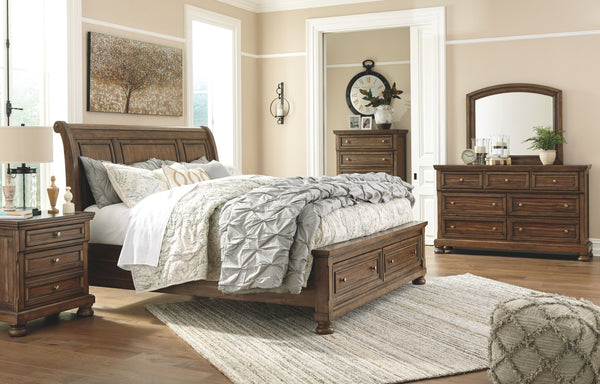 Flynnter - Medium Brown - 5 Pc. - Dresser, Mirror, Queen Sleigh Bed with 2 Storage Drawers