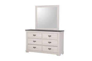  invites a sense of calm and simplicity. Complementing the bed are the dresser and mirror