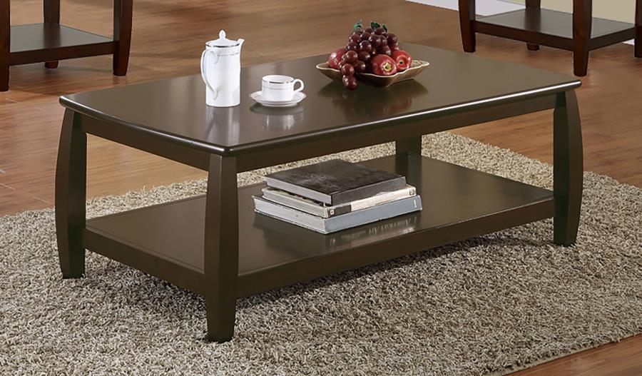 This rectangular coffee table offers a stylish and functional design, featuring a combination of hardwood and engineered wood with a rich birch and basswood veneer. The cappuccino finish enhances its timeless appeal, making it an ideal addition to any liv