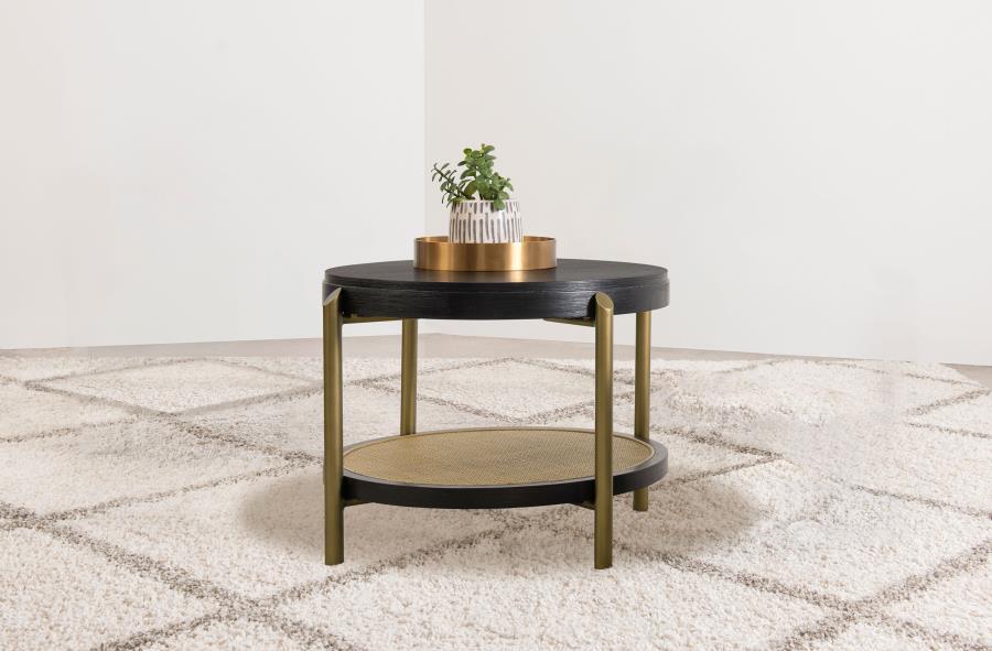 This round end table showcases a refined blend of natural and industrial elements, perfect for modern interiors. Crafted from Asian hardwood, engineered wood, and ash veneer, its finish highlights the table-'s organic grain for a subtle, rustic appeal. Th