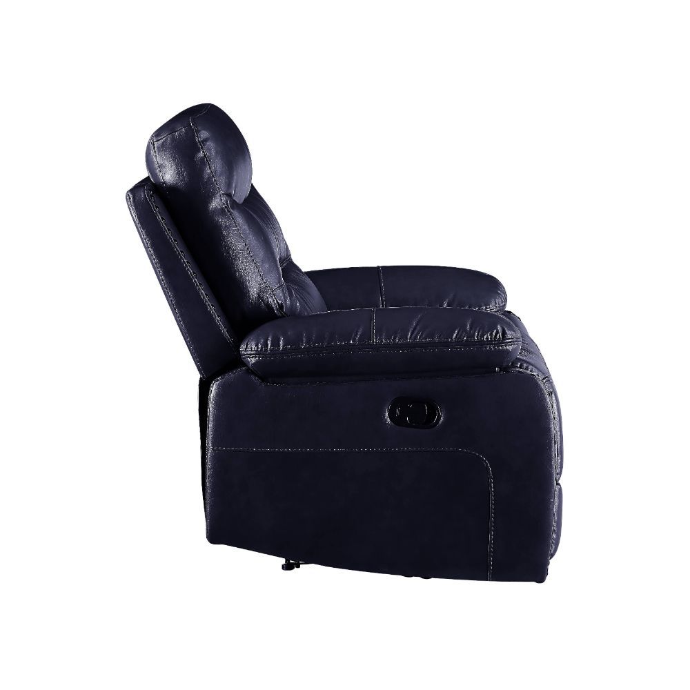 The Aashi motion sofa set is upholstered in soft leather-gel match in an unusual yet subtle navy color. Horizontal tufting on the backrest cushions add some style to this set, while the pillow top armrests ensure total comfort when you nestle into the poc