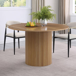  light brown dining table. This modern round dining table