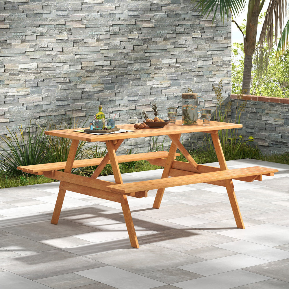 Convenient 1-piece design for more convenience<br>Robust hardwood construction ensures long-lasting durability<br>59" long benches offer ample seating for 6 people<br>Spacious 59" x 24" tabletop provides plenty of serving space<br>Slatted table design pre
