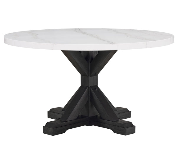 A fresh take on a traditional silhouette makes this group a great addition to your dining space. A genuine marble top is luxurious and timeless. Farmhouse style cross legs are updated in a contemporary charcoal finish. The upholstered dining chairs featur