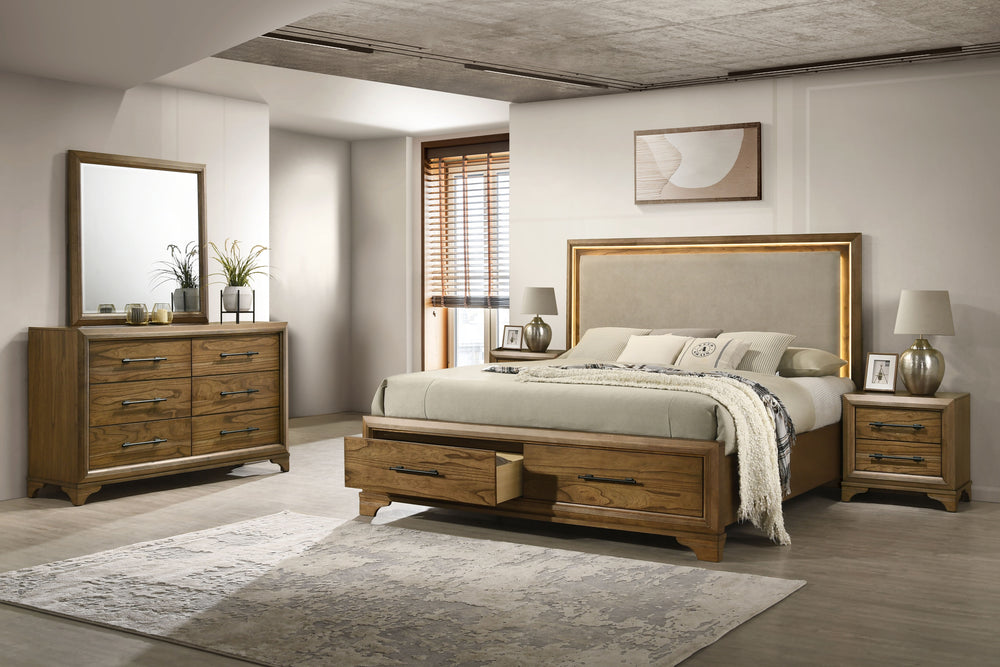 The Talcott 4-piece wood bedroom set, featuring a platform storage bed with a lighted headboard, dresser, mirror, and nightstand in a warm honey brown finish, offers durable, quality construction crafted from solid rubberwood, manufactured woods, and mind