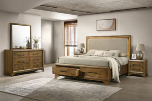 The Talcott 4-piece wood bedroom set, featuring a platform storage bed with a lighted headboard, dresser, mirror, and nightstand in a warm honey brown finish, offers durable, quality construction crafted from solid rubberwood, manufactured woods, and mind