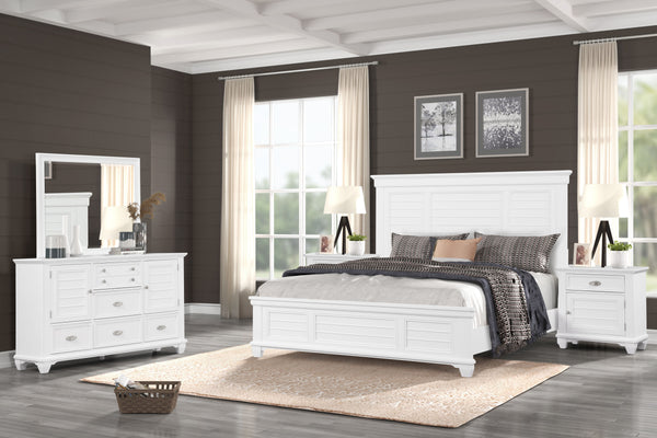 The Jamestown 5-Piece Wood Bedroom Set in White is the perfect combination of durability, style, and functionality, designed to enhance your bedroom with modern coastal charm. This set includes a Panel Bed, Dresser, Mirror, and two Nightstands, each exper