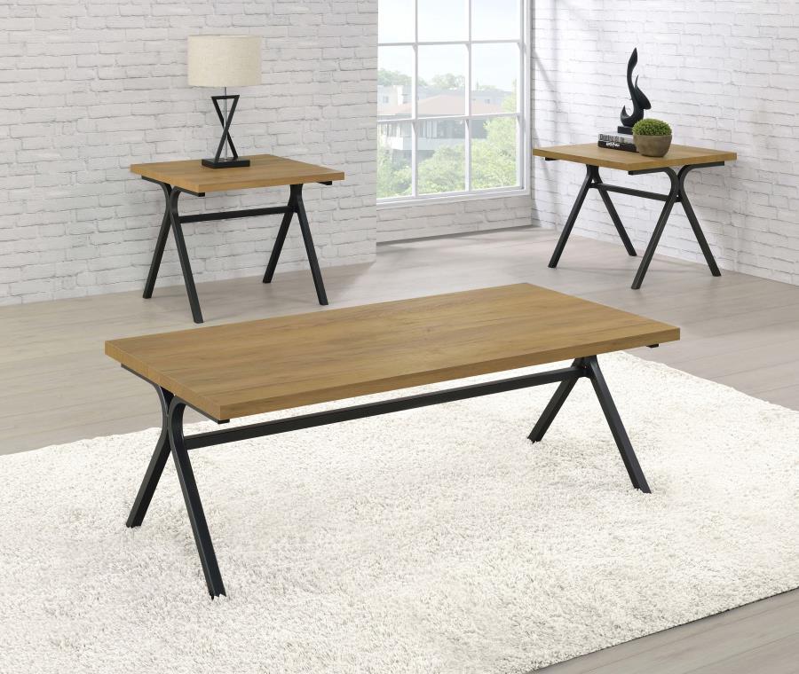 Make a mark in your space with this three piece occasional set. The coffee table and two end tables are ready to adorn your area with style and function. Coming in a two-tone color palette, the tabletops are finished in a golden oak color. Meanwhile, the 