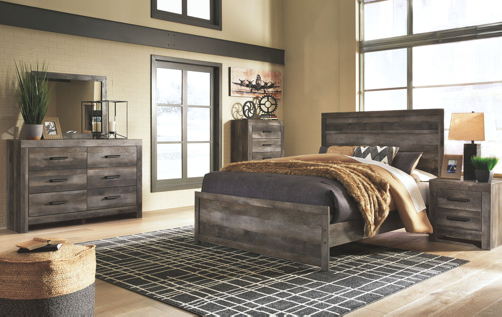 This king panel bed is sure to win your heart with its daring, designer take on modern rustic. The bedâ€™s crisp, clean and minimalist-chic profile is enriched with a striking replicated oak grain with thick plank styling and a weathered gray finish for t