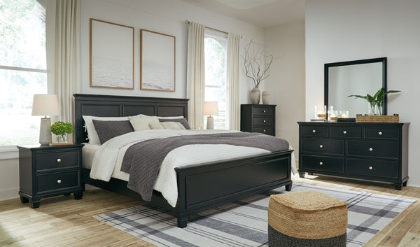 Lanolee - 8 Pc. - Dresser, Mirror, Chest, California King Panel Bed, 2 Nightstands - Black