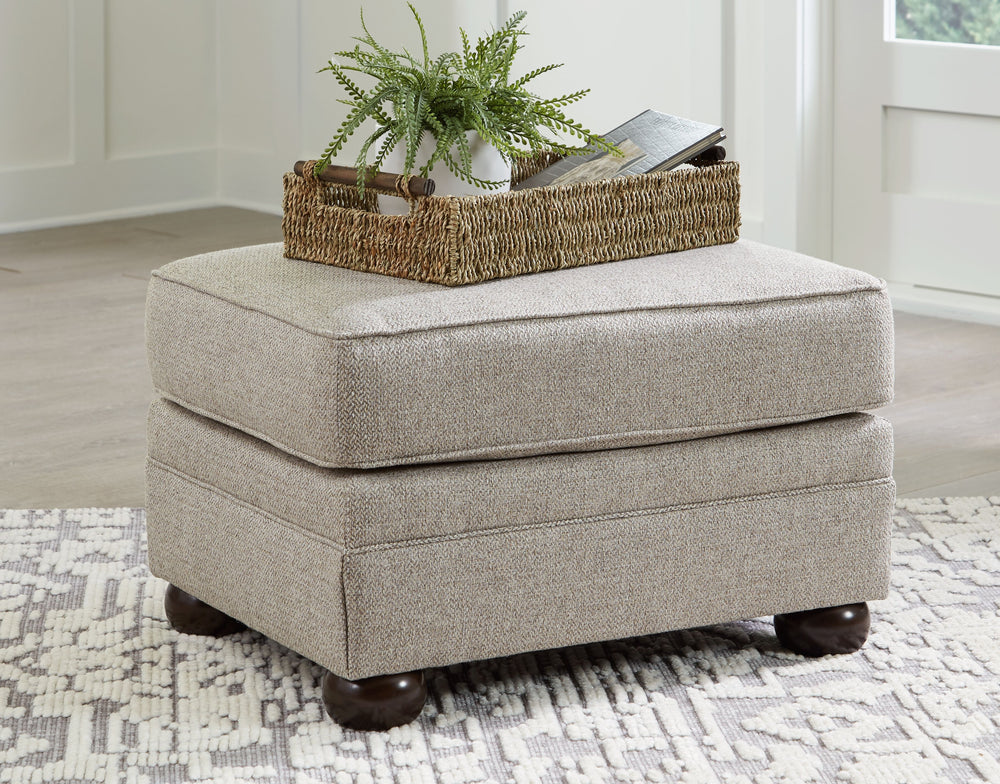 Inspired by the past but rooted firmly in the present, this ottoman complements your transitional seating area. Its versatile upholstery is delightfully detailed for a subtle herringbone effect. Designer touches like bun legs add traditional character. Wi