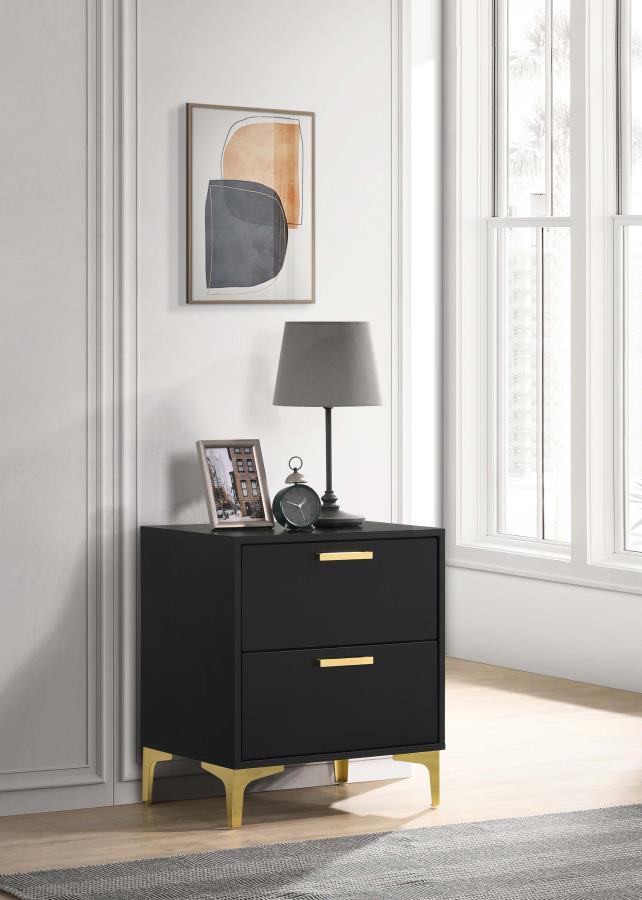 Flank your bedside with this modern glam nightstand. A smooth, boxy frame with a bold, black finish offers a simple, clean aesthetic. Two spacious drawers invite you to keep pajamas, garments, and bed linens close at hand. Fastened to each drawer is a sle