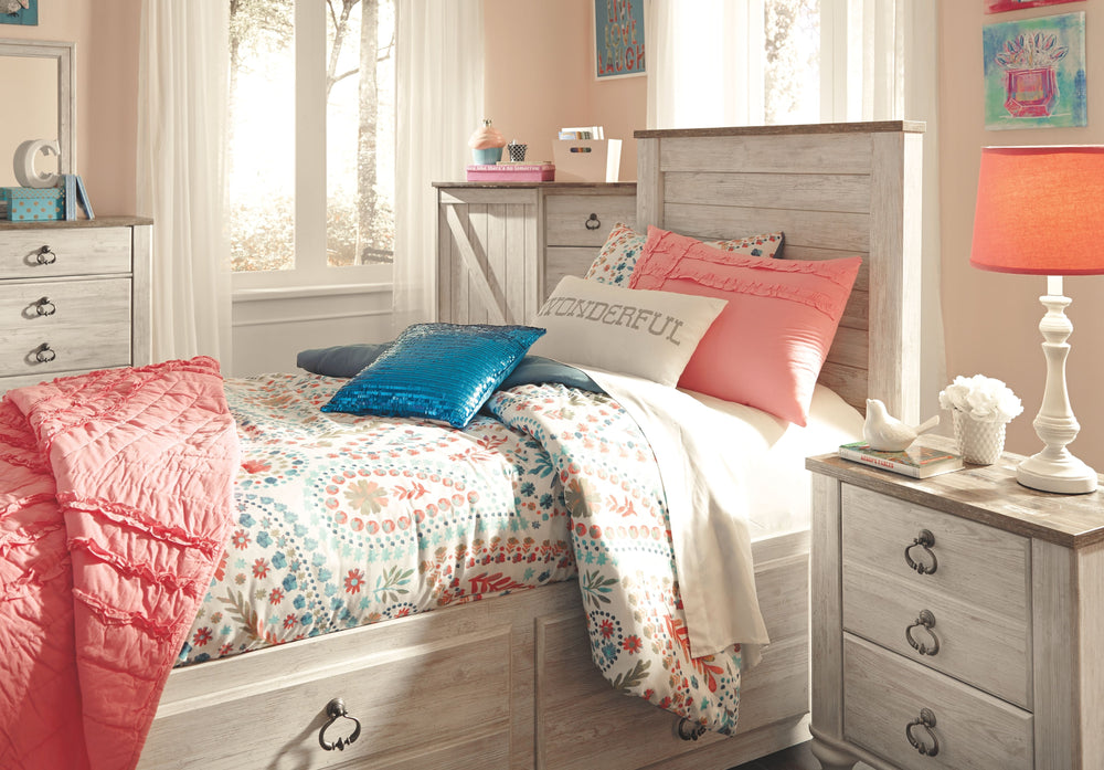 This twin panel bed with storage is the ultimate statement piece for a coastal cottage or shabby chic inspired retreat. Whitewashed finish is wonderfully easy on the eyes. Faux plank cap rails on the headboard and footboard infuse a driftwoody look that h