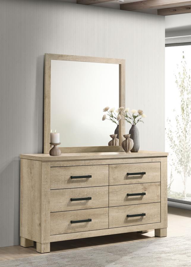 This dresser and mirror set combines rustic charm and modern functionality to elevate your bedroom. The six-drawer dresser features a weathered oak finish and dark bronze handles for a bold, contemporary touch. Crafted from engineered wood with a scratch-