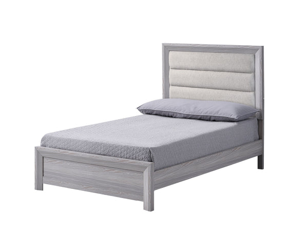  featuring a neutral drift wood finish that complements its clean and contemporary design. The robust bed frame anchors the room with a plush channel tufted headboard. Accompanying the bed a