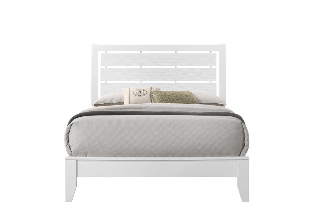 This inviting bedroom set features a refreshing white finish with subtle textural details that add a touch of modernity. The clean-lined bed boasts a distinctive headboard with horizontal slats that create an airy, open feel, promoting relaxation. Complem