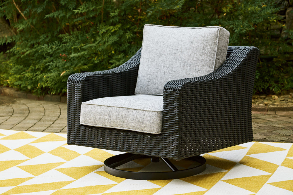 Sporting an easy-on-the-eyes elegance, this swivel lounge chair elevates the art of alfresco living. Beautiful and durable enough for indoor and outdoor use, this high-style/low-maintenance chair entices with plush, removable cushions wrapped in NuvellaÂ®