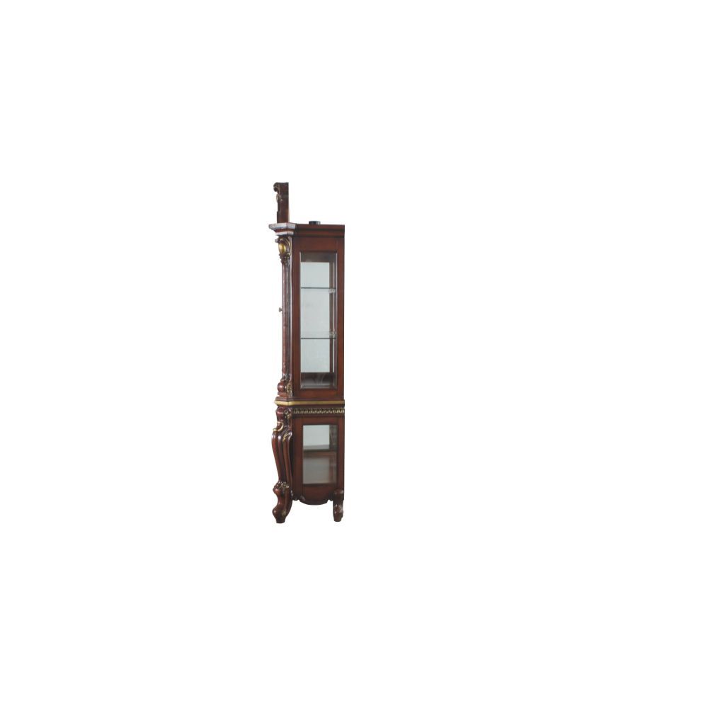 Curio Cabinet STORAGE: TOP) 2 Glass Doors (3 Compartments with 2 Glass Shelves, Mirrored Back), Touch Light BASE) 2 Glass Doors (2 Compartments with 1 Glass Shelf, Mirrored Back) Oversized Crown, Raised Moldings, and Scrolled Motifs (Poly-Resin) Glass Thi