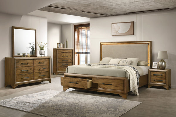The Talcott 5-piece wood bedroom set, featuring a platform storage bed with a lighted headboard, dresser, mirror, nightstand, and chest in a warm honey brown finish, offers durable, quality construction crafted from solid rubberwood, manufactured woods, a