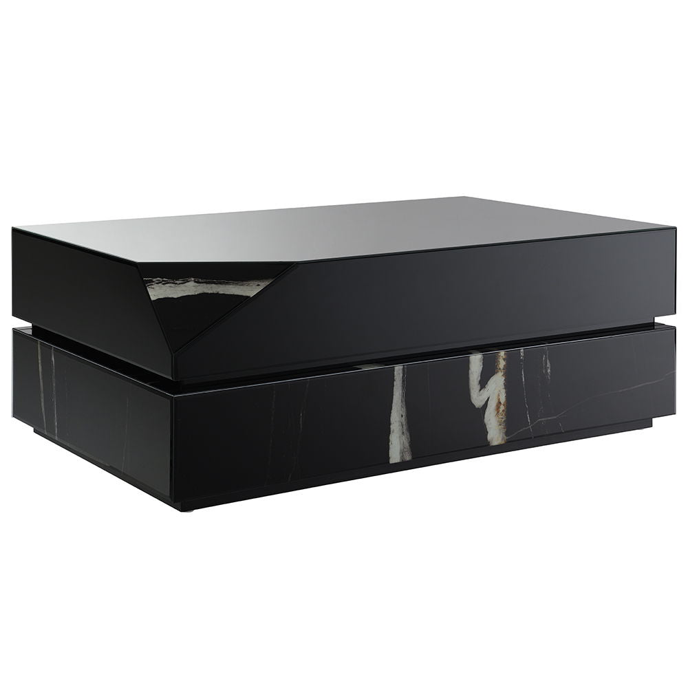 This Drisana exudes modern elegance with its rectangular coffee and end tables. Featuring a sleek black mirrored surface and a sophisticated marble grain design, these tables bring a touch of luxury to any living space. The unique combination of reflectiv