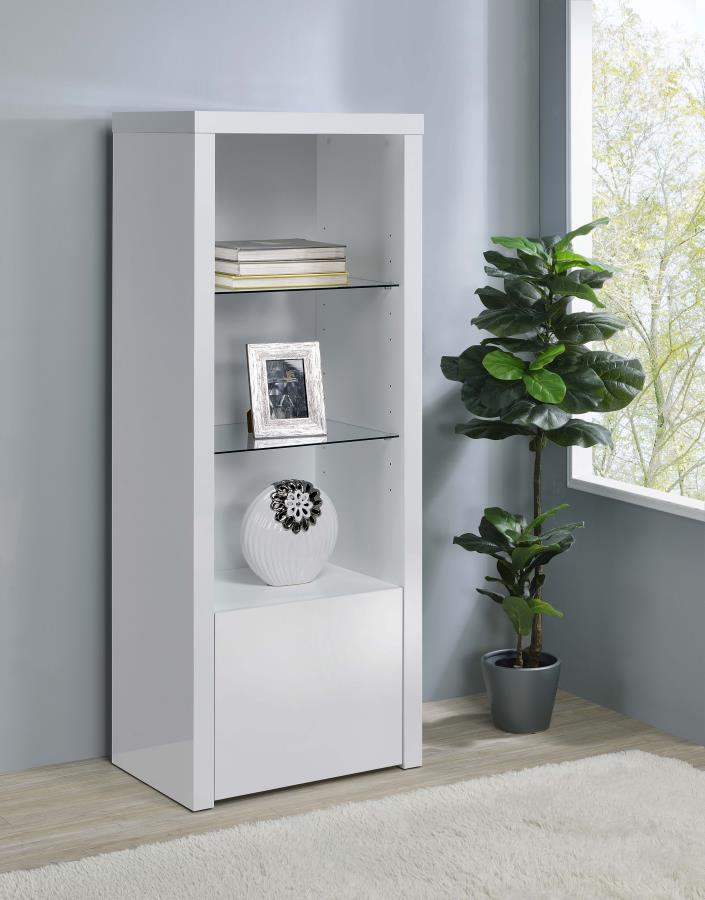 Extend a media console or add easy display space in a den or bedroom with this contemporary tower. Designed to accompany the matching media console, the tower adds a lower cabinet with shelving inside, and a pair of glass display shelves. Itâ€™s the perfe