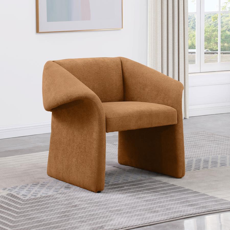 Upgrade the designer style of your living space with the ingenious silhouette of this modern accent armchair. Designed to impress, it features a classic stance with beautifully curled arms that capture attention without overwhelming. The lovely design is 