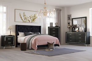 The Huxley 5-Piece Bedroom Set in Black offers a perfect blend of contemporary glam and durability for your home. This set includes an upholstered bed with headboard, footboard, two side rails, and slat kit, along with a 6-drawer dresser, mirror, 2-drawer