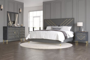 Transform your space with the Symmetry 4-Piece Bedroom Set in Gray, featuring an upholstered panel bed, dresser, mirror, and nightstand. Crafted from premium woods with a gray marble laminate, this set radiates timeless elegance. Gold metal and mylar acce
