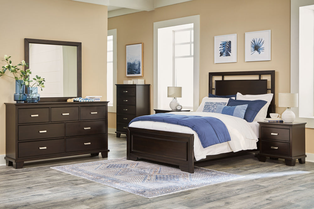 Transitional design. Made with hardwood solids, wood veneer, and MDF substrates. Transitional styled cases with a Metropolitan flare. Drawers feature English dovetail construction, a clean wood grain laminate interior and metal center guides. Metal bar pu